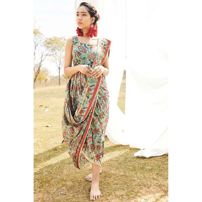 Aapro Label Block Printed Green Saree Dress