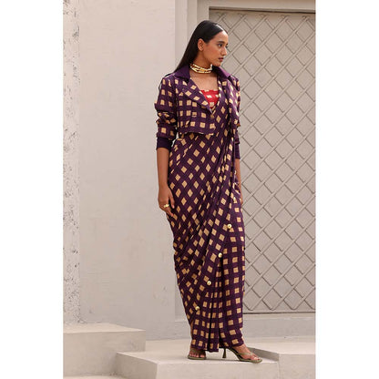 Aapro Label Purple Elsie pre draped Saree and Jacket with Stitched Blouse