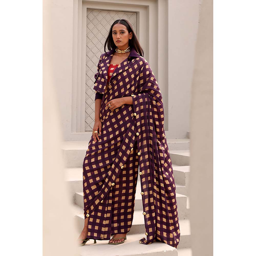 Aapro Label Purple Elsie pre draped Saree and Jacket with Stitched Blouse