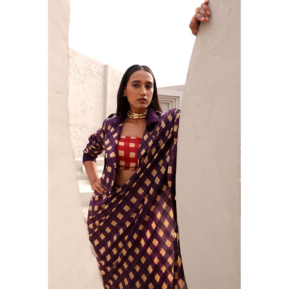 Aapro Label Purple Elsie pre draped Saree and Jacket with Stitched Blouse