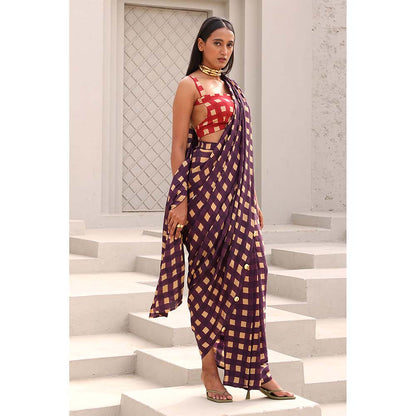 Aapro Label Purple Agatha pre draped Saree with Stitched Blouse