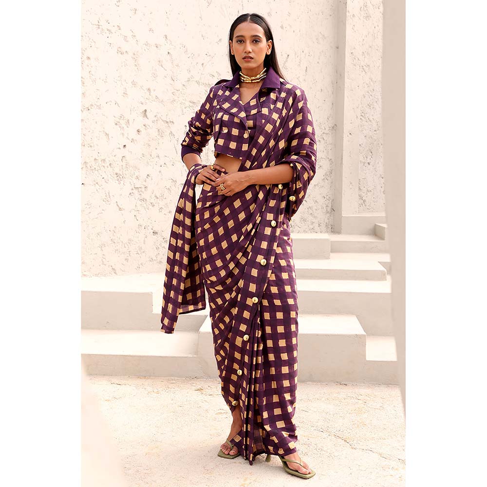 Aapro Label Purple Jane Pre Draped Saree with Stitched Blouse