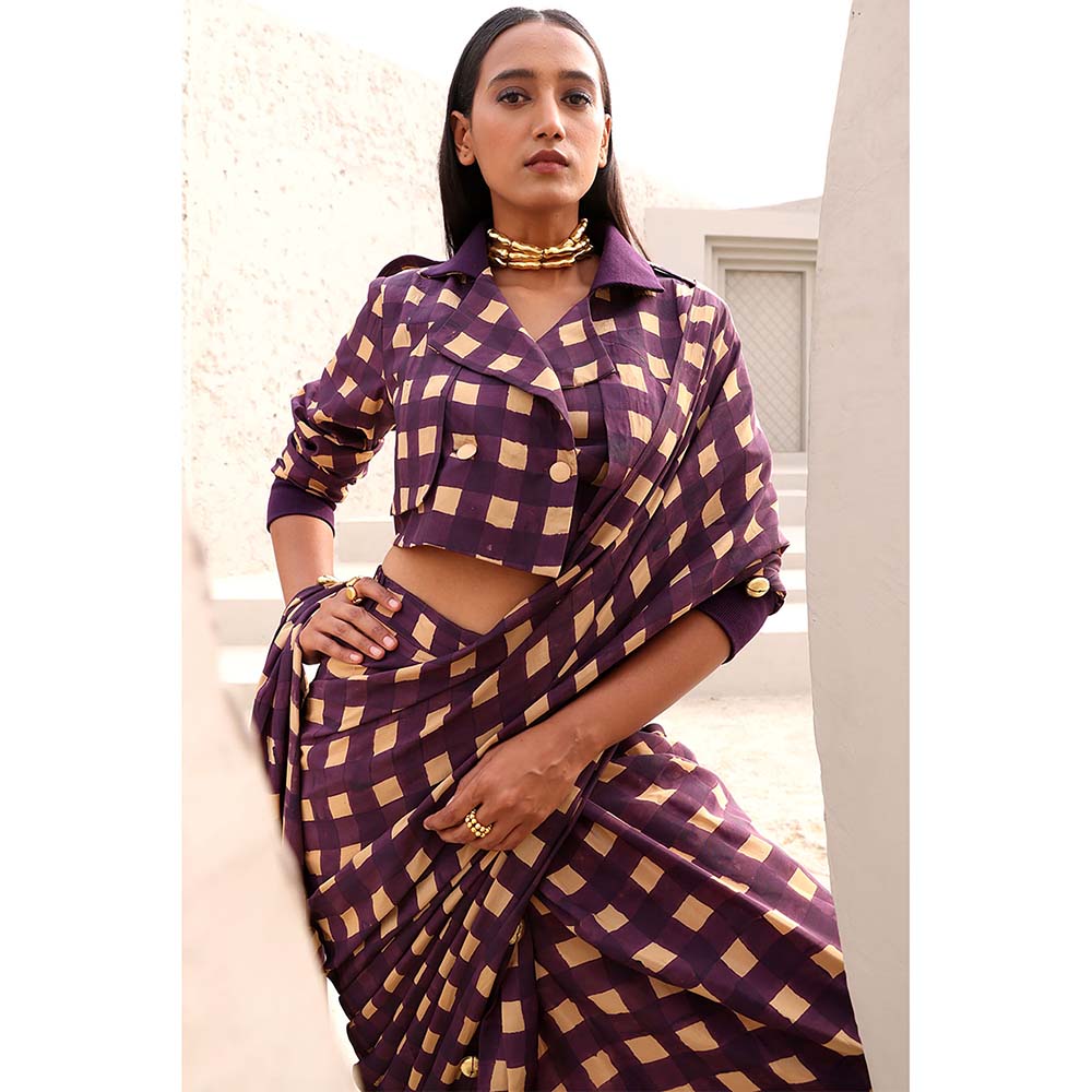 Aapro Label Purple Jane Pre Draped Saree with Stitched Blouse