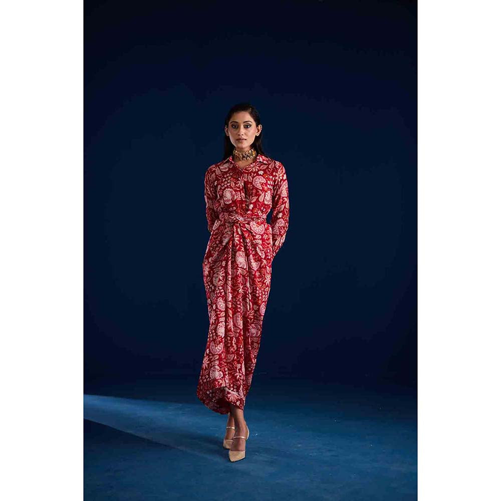 Aapro Label Rosela Draped Skirt With Shirt - Red