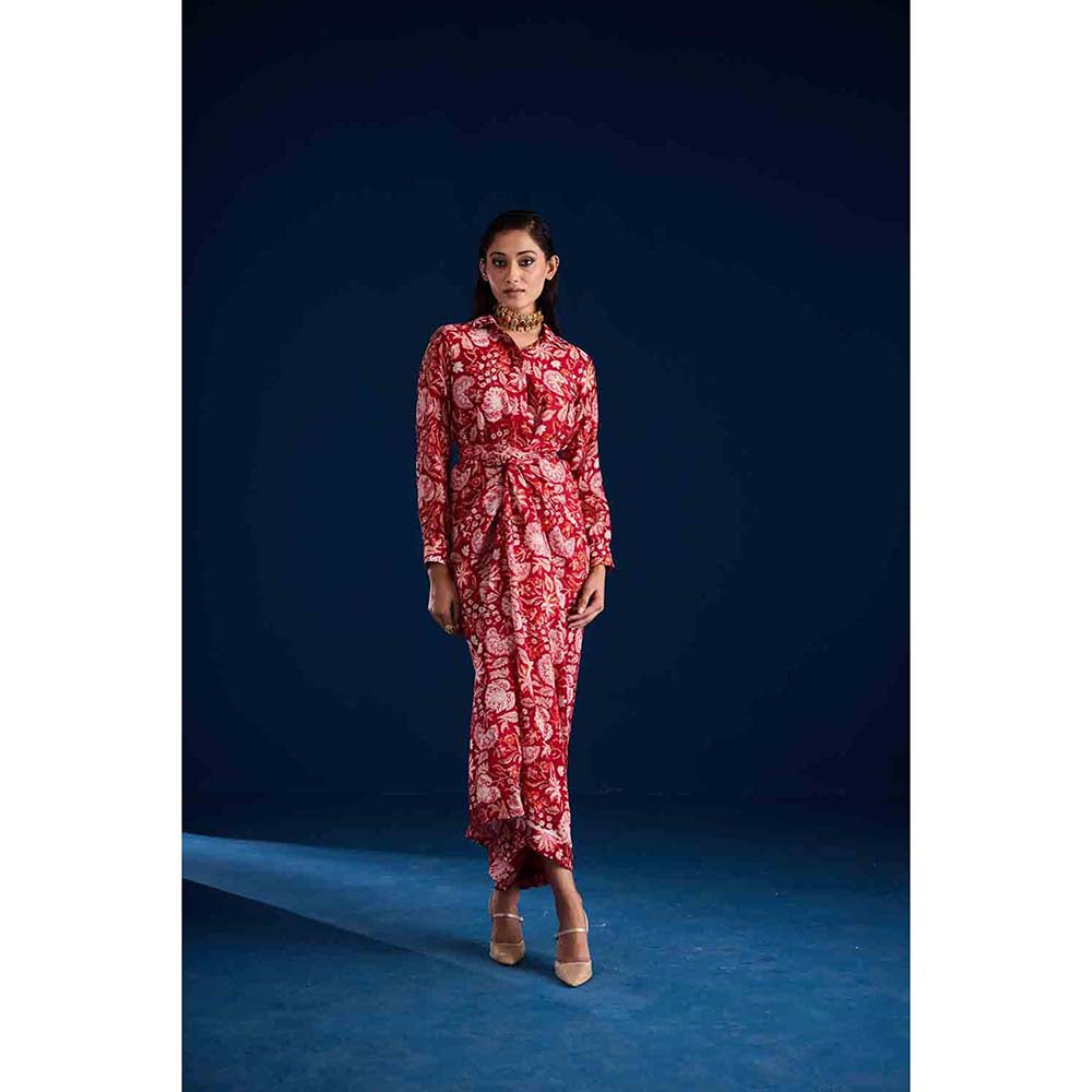 Aapro Label Rosela Draped Skirt With Shirt - Red