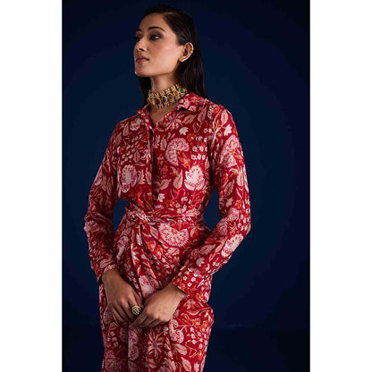 Aapro Label Rosela Draped Skirt With Shirt - Red