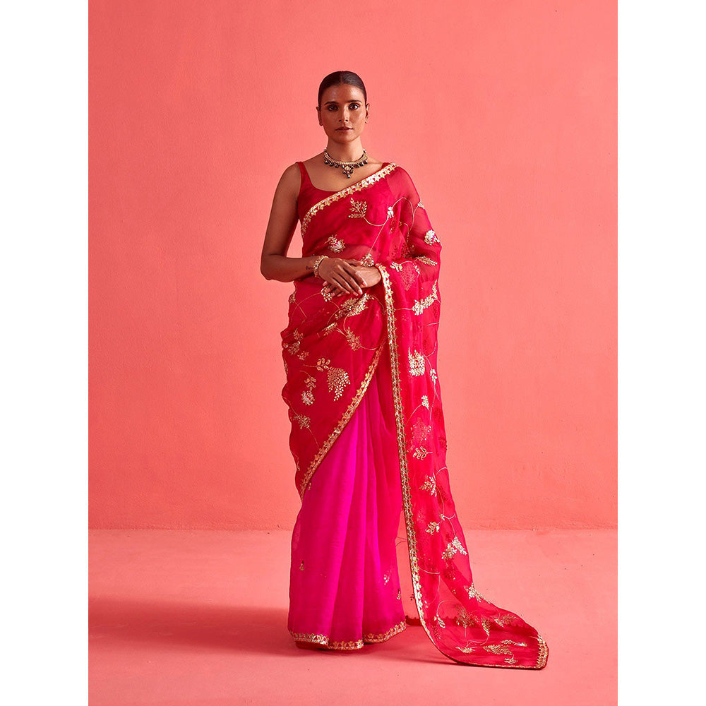 Aarti Sethia Studio Red and Pink Saree with Stitched Blouse and Petticoat