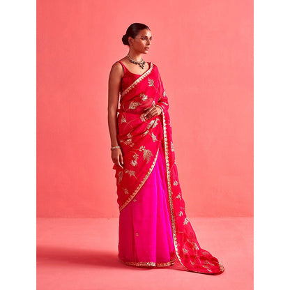 Aarti Sethia Studio Red and Pink Saree with Stitched Blouse and Petticoat