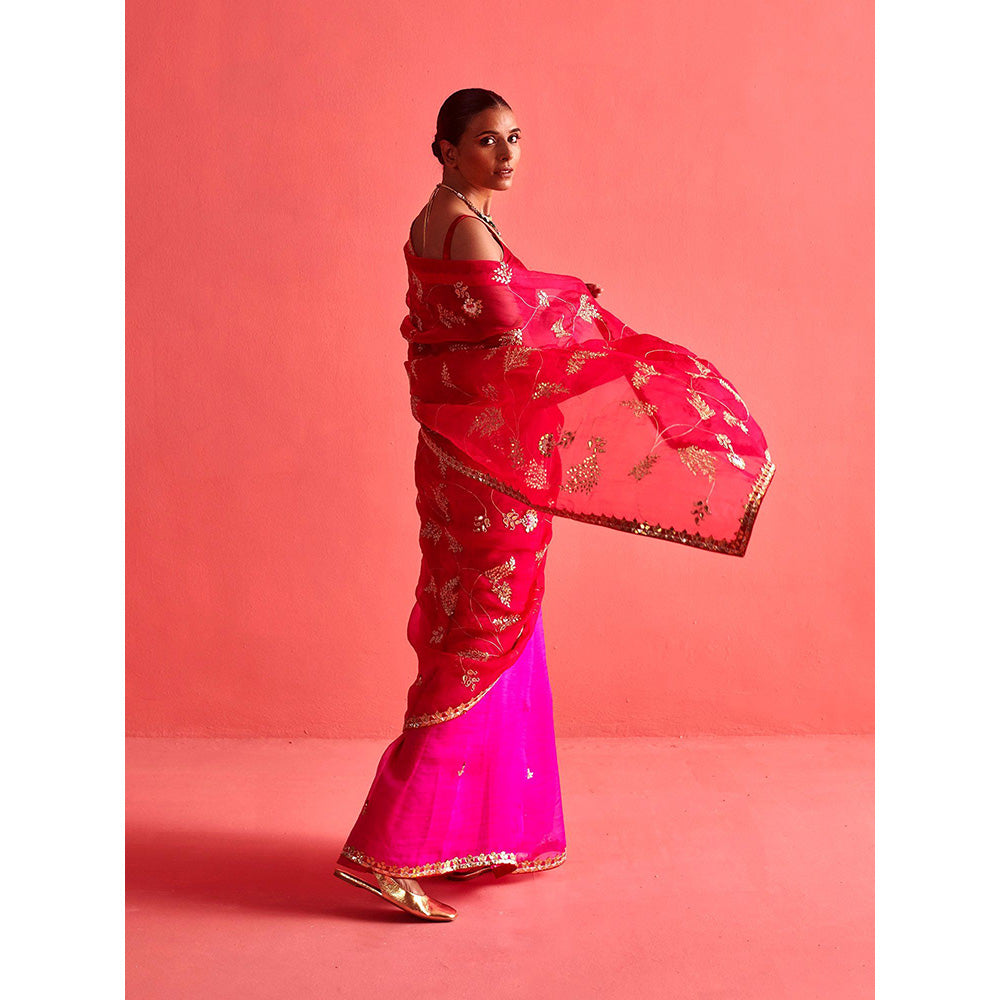 Aarti Sethia Studio Red and Pink Saree with Stitched Blouse and Petticoat