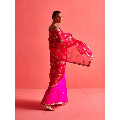 Aarti Sethia Studio Red and Pink Saree with Stitched Blouse and Petticoat