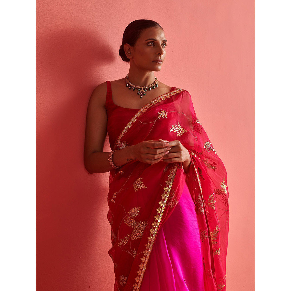 Aarti Sethia Studio Red and Pink Saree with Stitched Blouse and Petticoat
