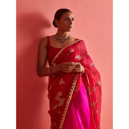 Aarti Sethia Studio Red and Pink Saree with Stitched Blouse and Petticoat