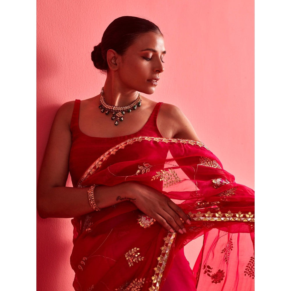 Aarti Sethia Studio Red and Pink Saree with Stitched Blouse and Petticoat