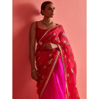 Aarti Sethia Studio Red and Pink Saree with Stitched Blouse and Petticoat