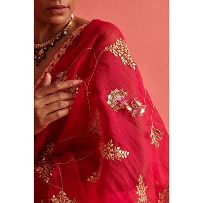 Aarti Sethia Studio Red and Pink Saree with Stitched Blouse and Petticoat