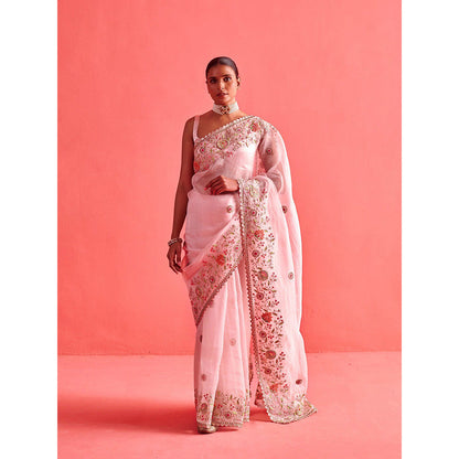 Aarti Sethia Studio Powdered Pink Saree with Stitched Blouse and Petticoat