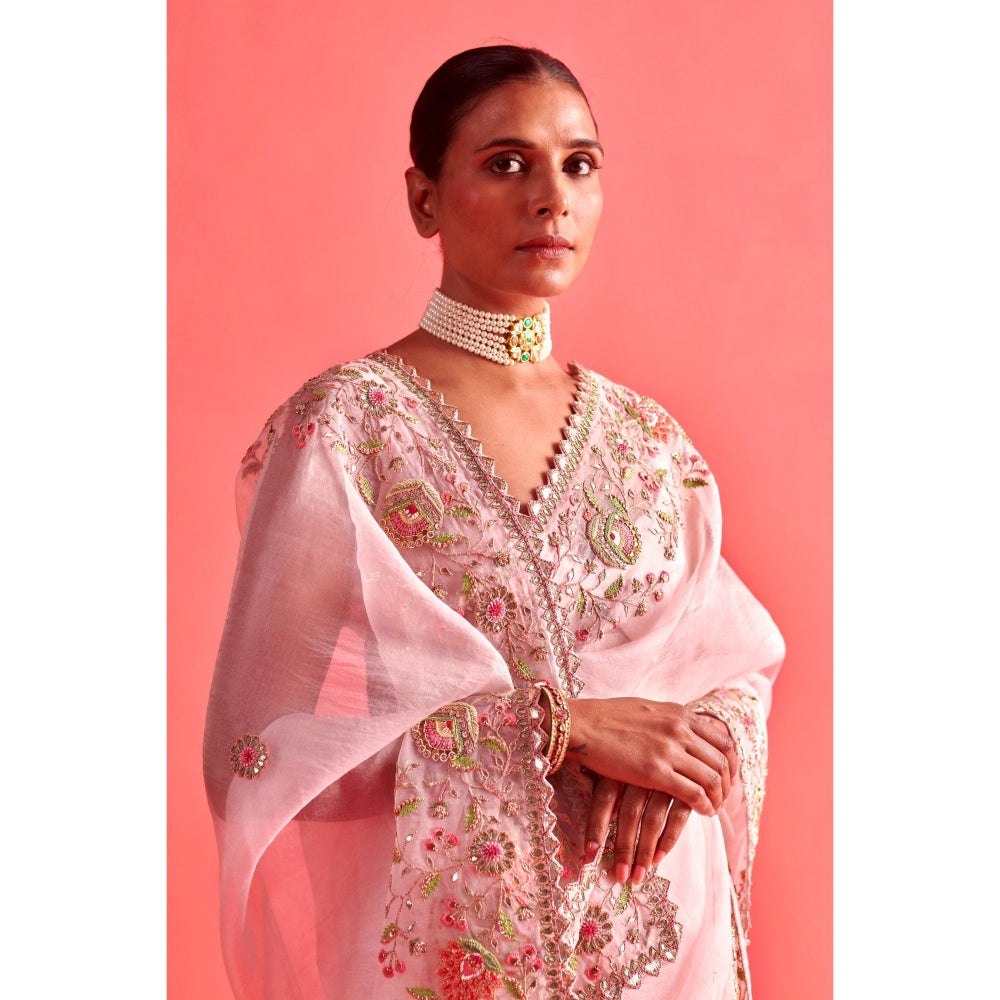 Aarti Sethia Studio Powdered Pink Saree with Stitched Blouse and Petticoat