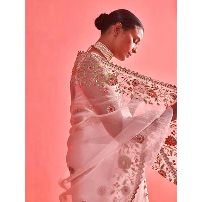 Aarti Sethia Studio Powdered Pink Saree with Stitched Blouse and Petticoat