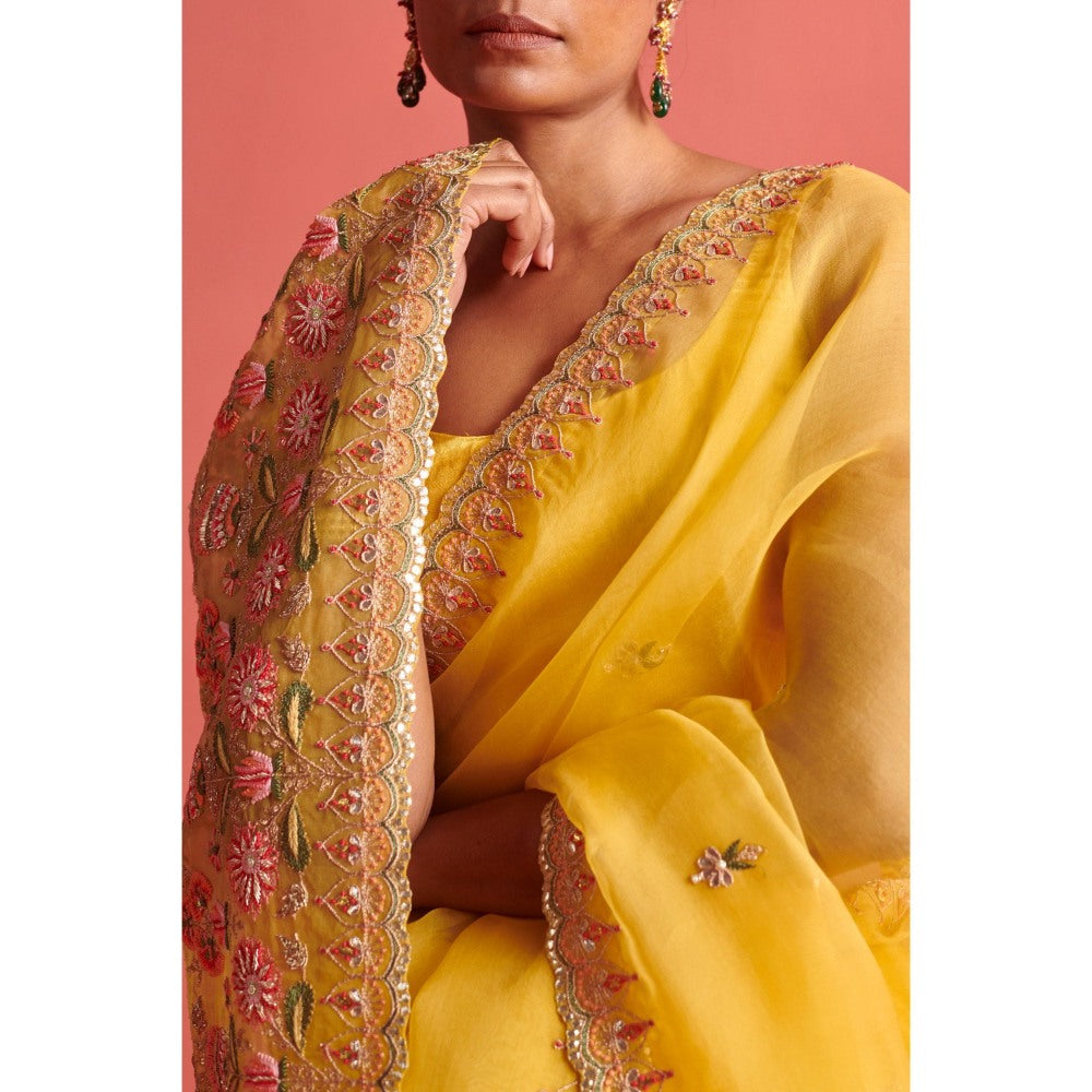 Aarti Sethia Studio Yellow Saree with Stitched Blouse and Petticoat