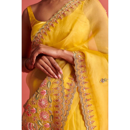 Aarti Sethia Studio Yellow Saree with Stitched Blouse and Petticoat