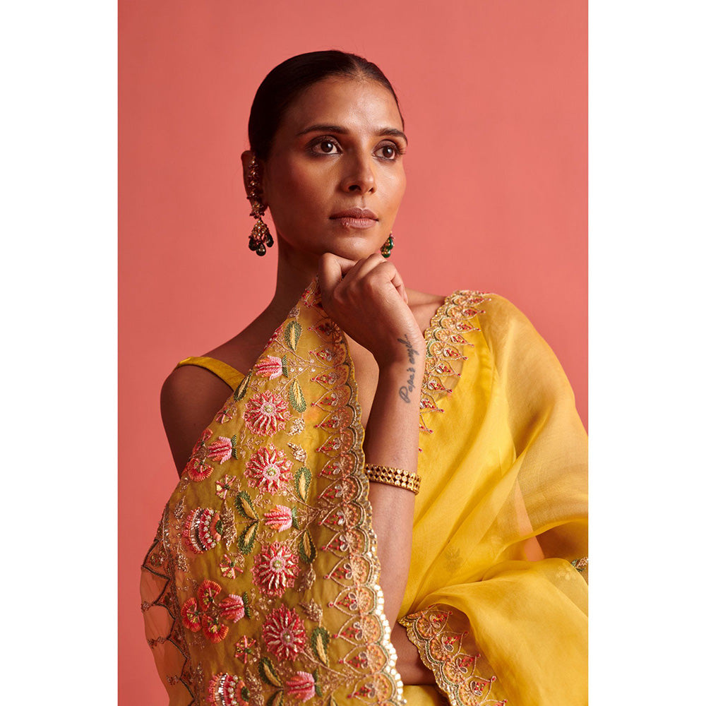 Aarti Sethia Studio Yellow Saree with Stitched Blouse and Petticoat