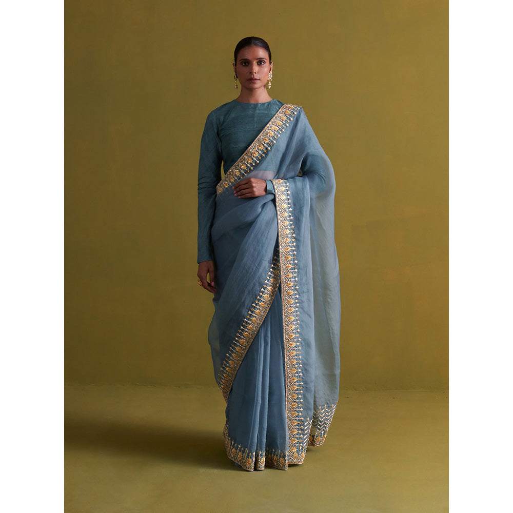 Aarti Sethia Studio Marine Blue Saree with Stitched Blouse and Petticoat
