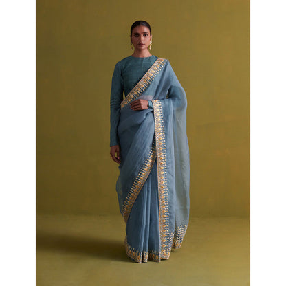 Aarti Sethia Studio Marine Blue Saree with Stitched Blouse and Petticoat