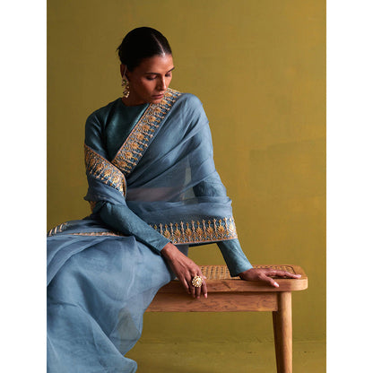 Aarti Sethia Studio Marine Blue Saree with Stitched Blouse and Petticoat