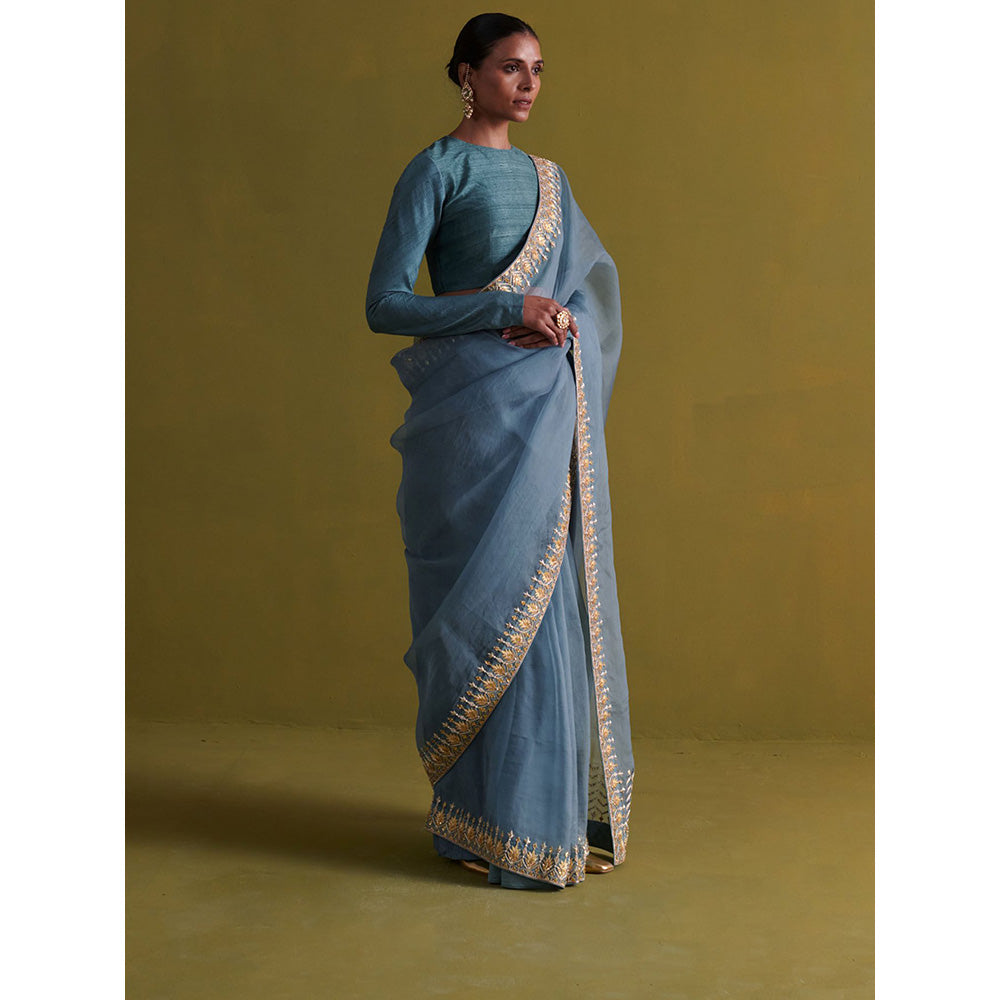 Aarti Sethia Studio Marine Blue Saree with Stitched Blouse and Petticoat