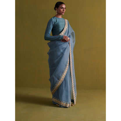 Aarti Sethia Studio Marine Blue Saree with Stitched Blouse and Petticoat
