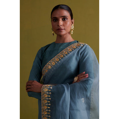 Aarti Sethia Studio Marine Blue Saree with Stitched Blouse and Petticoat