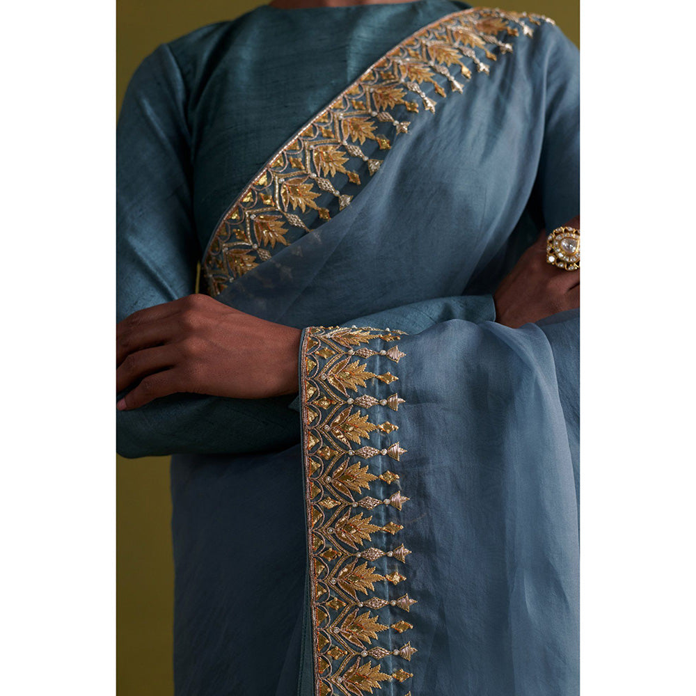 Aarti Sethia Studio Marine Blue Saree with Stitched Blouse and Petticoat