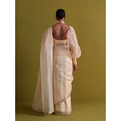Aarti Sethia Studio Beige Saree with Stitched Blouse and Petticoat