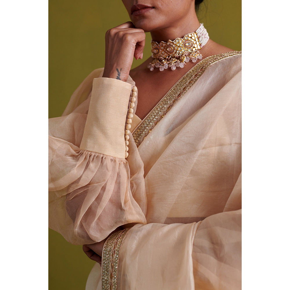 Aarti Sethia Studio Beige Saree with Stitched Blouse and Petticoat