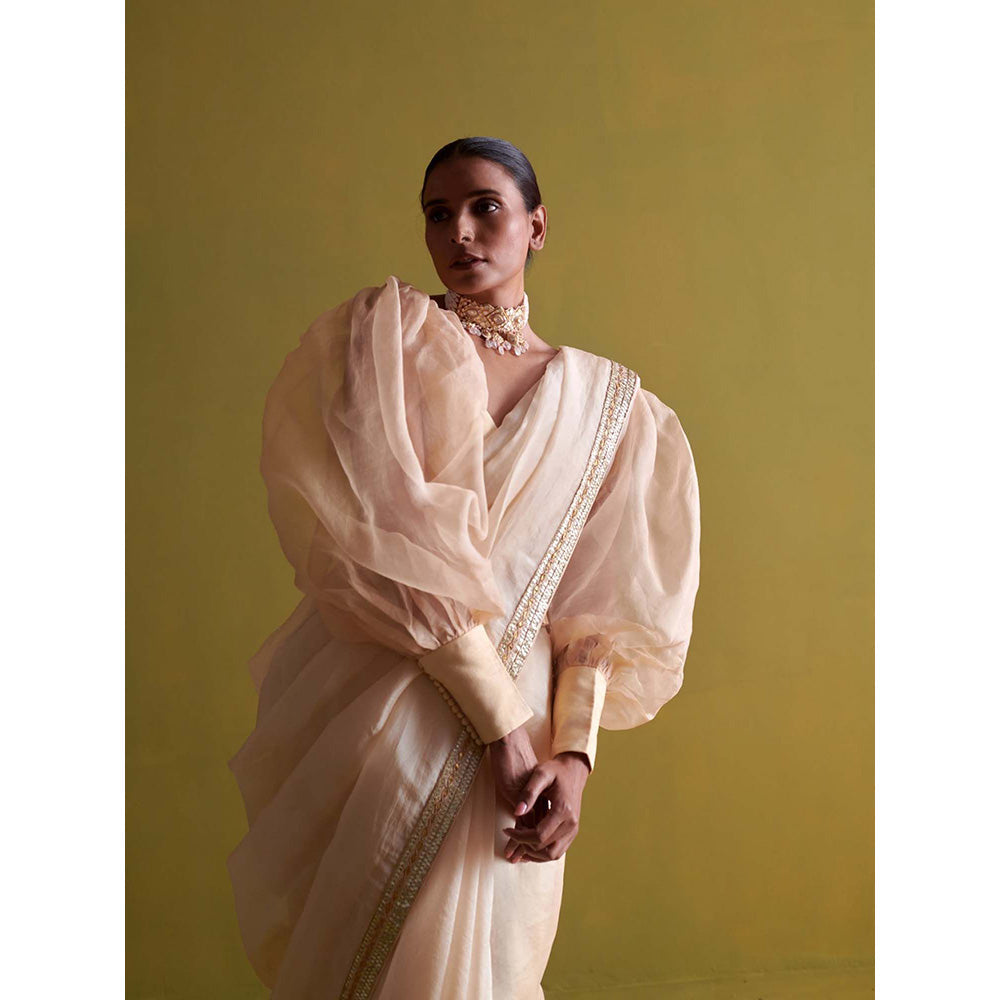 Aarti Sethia Studio Beige Saree with Stitched Blouse and Petticoat