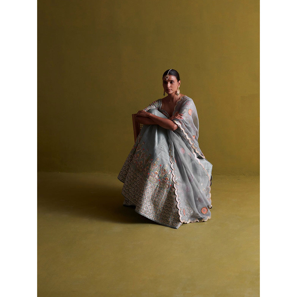 Aarti Sethia Studio Marine Blue Lehenga with Blouse and Dupatta (Set of 3)