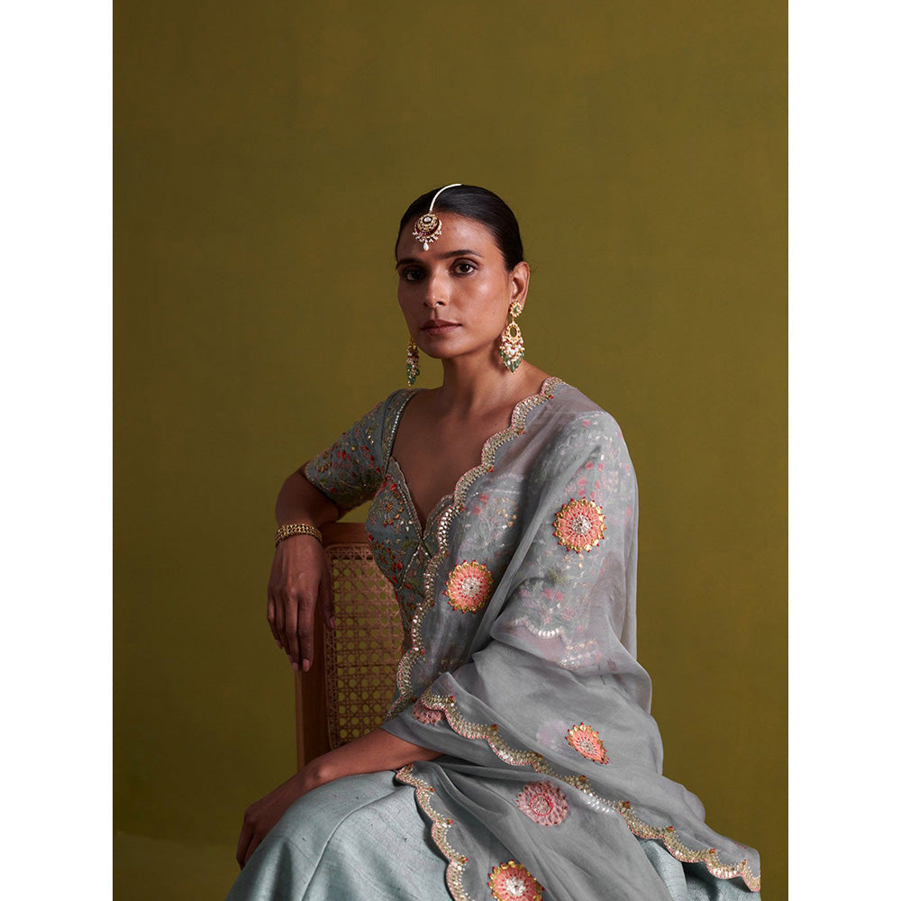 Aarti Sethia Studio Marine Blue Lehenga with Blouse and Dupatta (Set of 3)