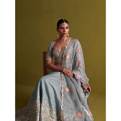 Aarti Sethia Studio Marine Blue Lehenga with Blouse and Dupatta (Set of 3)