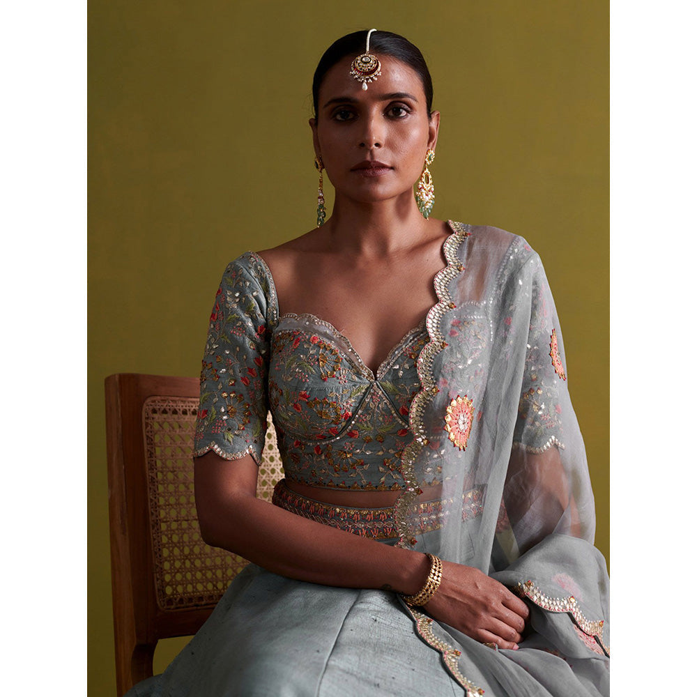 Aarti Sethia Studio Marine Blue Lehenga with Blouse and Dupatta (Set of 3)