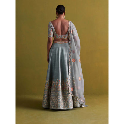 Aarti Sethia Studio Marine Blue Lehenga with Blouse and Dupatta (Set of 3)