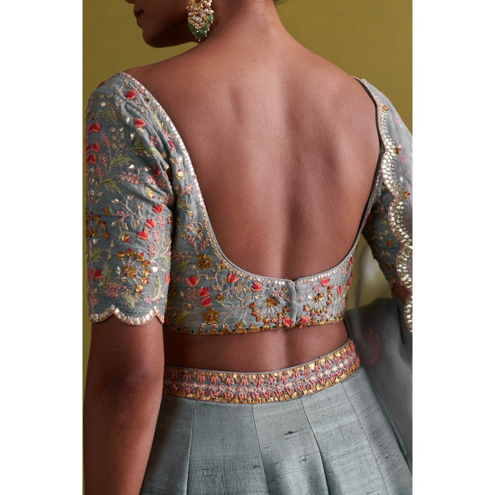 Aarti Sethia Studio Marine Blue Lehenga with Blouse and Dupatta (Set of 3)