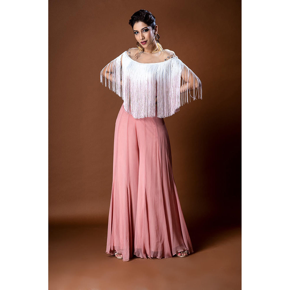Aaryaa By Kashveen Kohli Pink Embroidered Fringe Top with Palazzo (Set of 2)