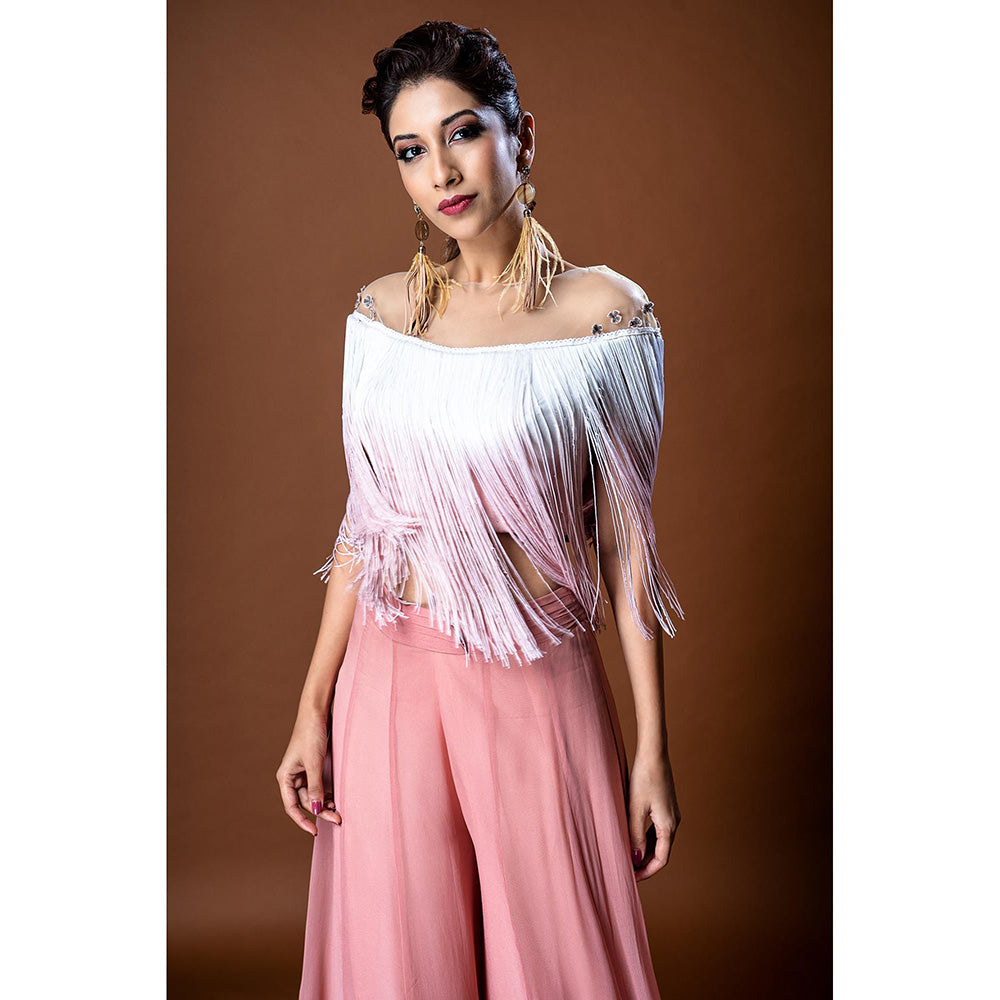Aaryaa By Kashveen Kohli Pink Embroidered Fringe Top with Palazzo (Set of 2)