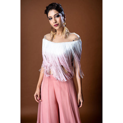 Aaryaa By Kashveen Kohli Pink Embroidered Fringe Top with Palazzo (Set of 2)
