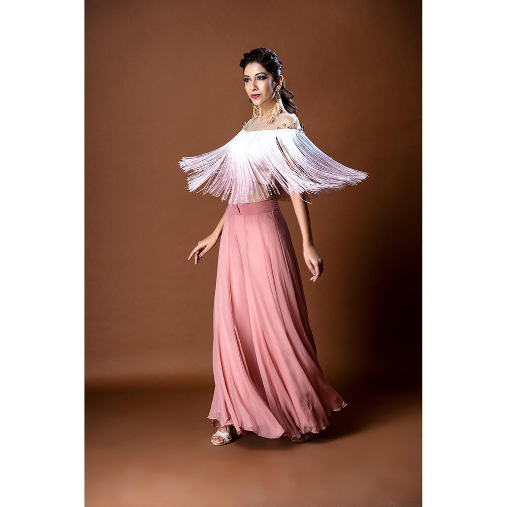 Aaryaa By Kashveen Kohli Pink Embroidered Fringe Top with Palazzo (Set of 2)