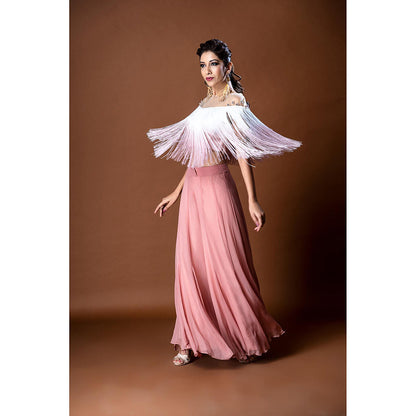 Aaryaa By Kashveen Kohli Pink Embroidered Fringe Top with Palazzo (Set of 2)