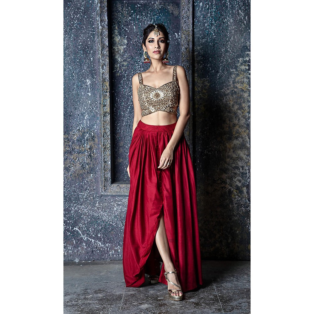 Aaryaa By Kashveen Kohli Applique Embroidered Crop Top with Red Draped Slit Skirt (Set of 2)