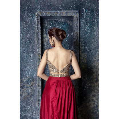 Aaryaa By Kashveen Kohli Applique Embroidered Crop Top with Red Draped Slit Skirt (Set of 2)