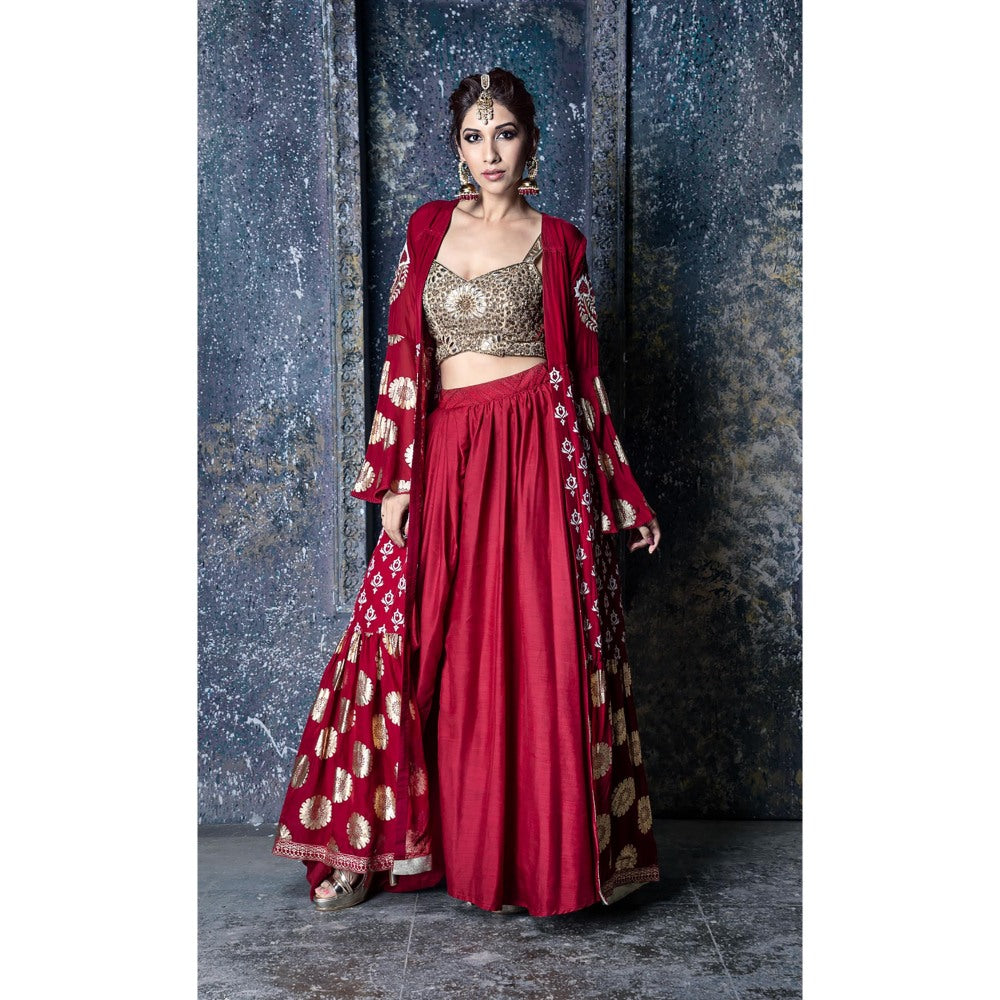 Aaryaa By Kashveen Kohli Red Embroidered Blouse with Lehenga and Jacket (Set of 3)
