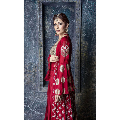 Aaryaa By Kashveen Kohli Red Embroidered Blouse with Lehenga and Jacket (Set of 3)